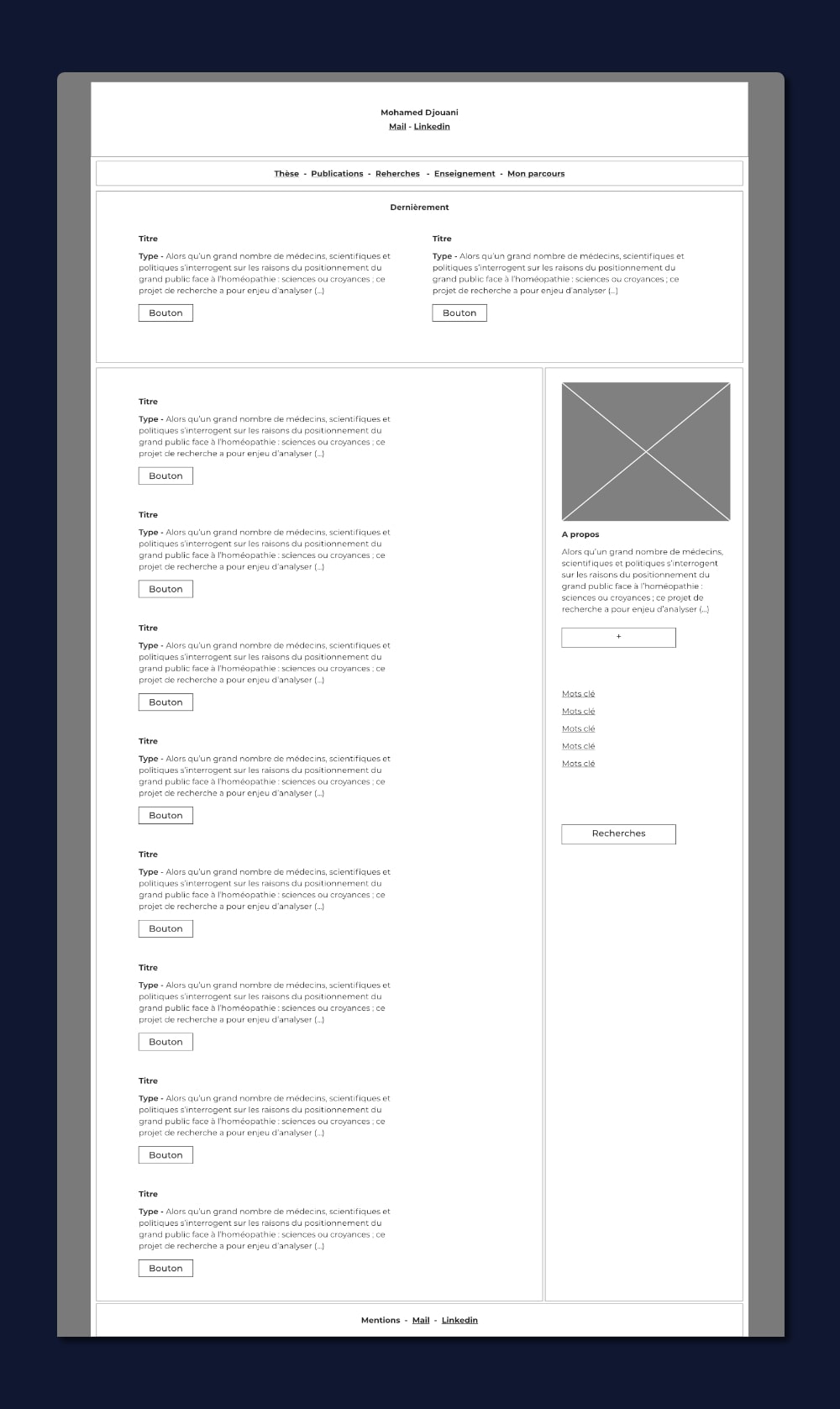 wireframe de la page d'accueil